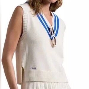 RLX Ralph Lauren Golf Concept Women’s L Knitted Cotton Blend Vest White Blue NWT